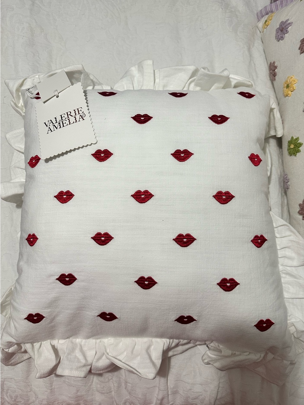 Valerie Amelia White Pillow with Red Lip Embroidery